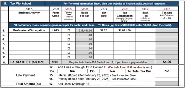 Business Tax Renewal Form Worksheet