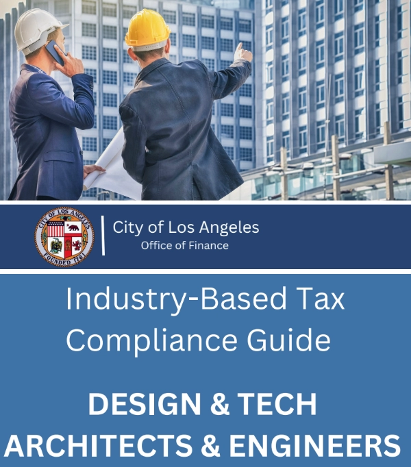 2 Contractors look over a building with plans in their hands. Says Design & Tech Architects & Engineers Tax Compliance Guide 