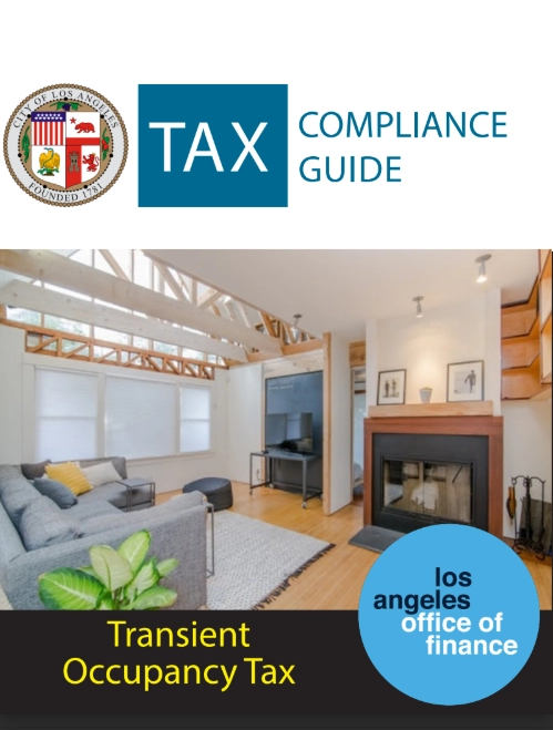 A Living room with Fireplace a grey couch and a grey desk with the words Tax Compliance Guide- Transient Occupancy Tax